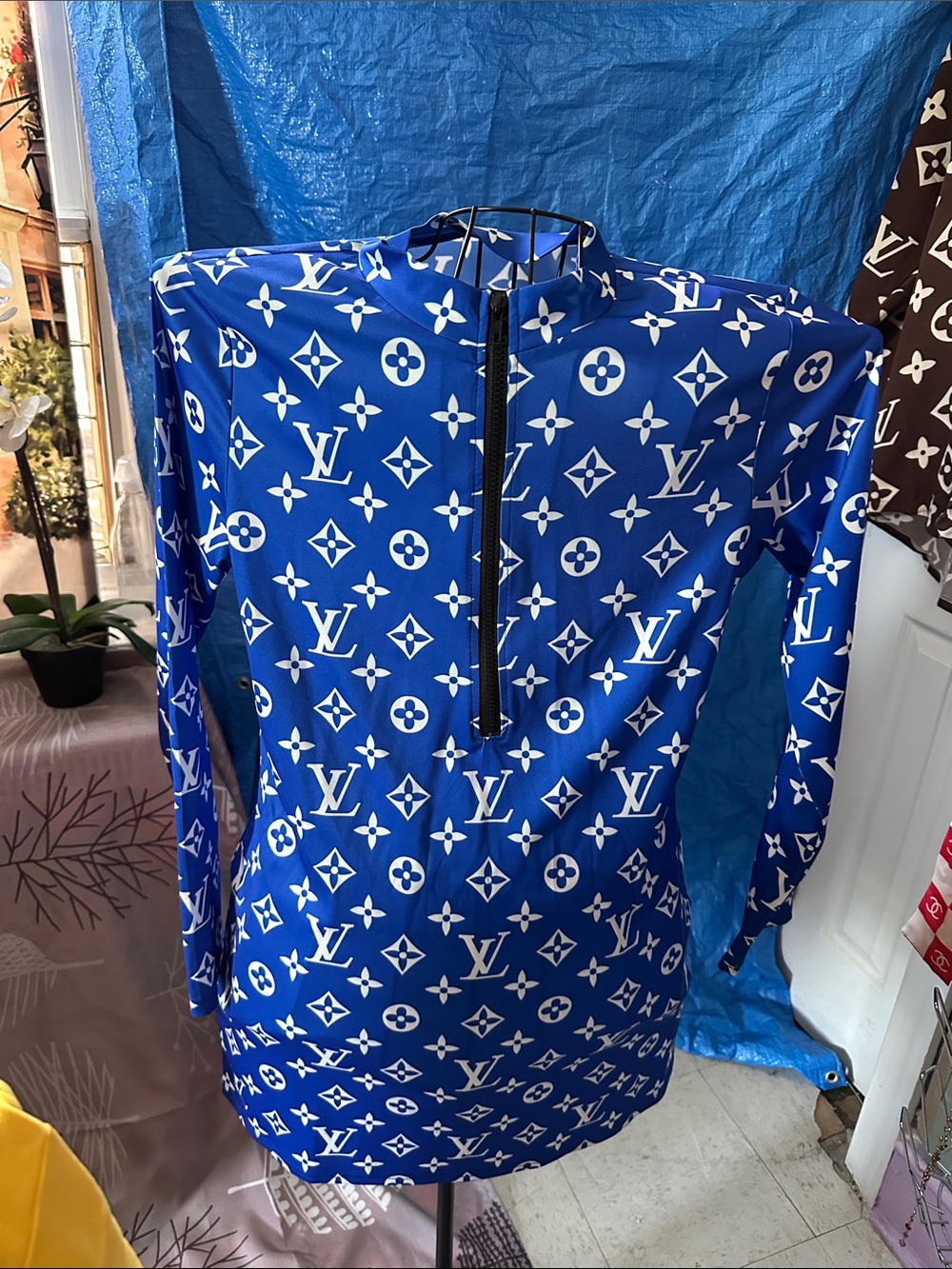 Blue Monogram Long-Sleeve Zip Front Top